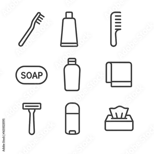 Daily Necessities Icons. Outline icon set of daily necessities: toothbrush, toothpaste, comb, soap, shampoo bottle, towel, razor,