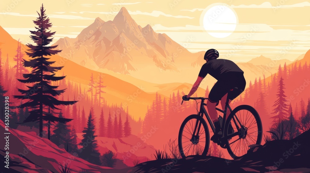 Fototapeta premium Silhouette of Cyclist on Mountain Trail during Sunset with Majestic Peaks and Lush Forest in Background, Ideal for Outdoor Adventure and Nature Themes