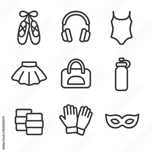 Dance Accessories Icons. Outline icon set of dance accessories: ballet shoes, headphones, costume, tutu, dance bag, water bottle,