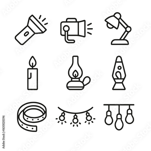 Lighting Devices Icons. Outline icon set of lighting devices: flashlight, spotlight, desk lamp, stage light, candle, oil lamp,