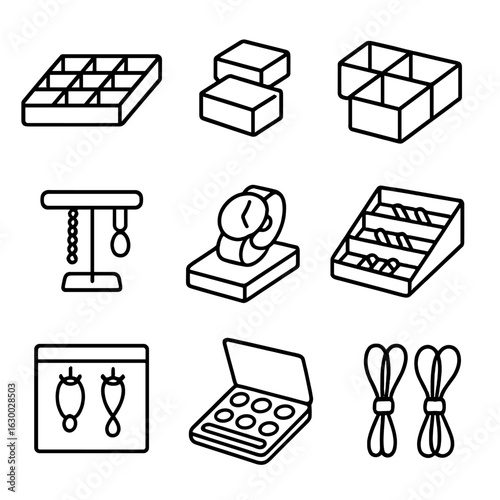 Drawer Organizer Icons. Outline icon set of using drawer organizers for easy access to accessories: