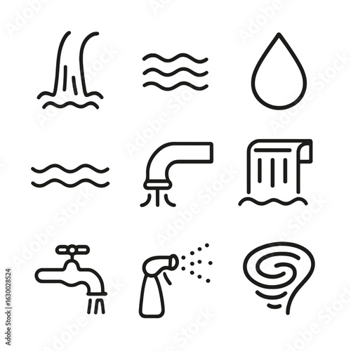 Liquid Flow Icons. Outline icon set of liquid flow: water stream, river current, droplet, wave, pipe flow, waterfall, faucet,
