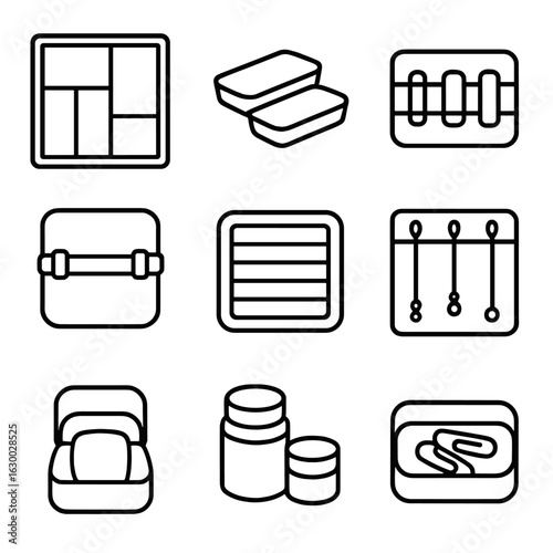 Drawer Organizer Icons. Outline icon set of efficient drawer organizers: modular inserts, small trays, elastic