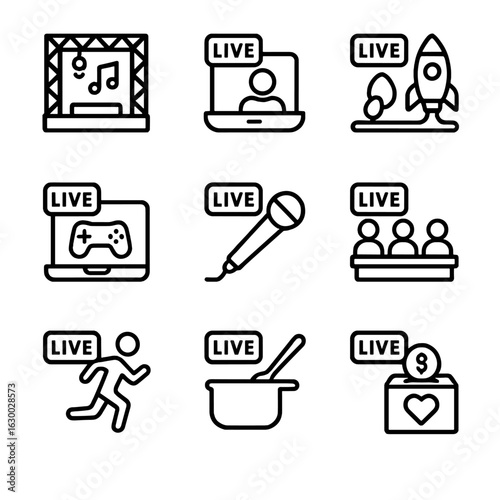 Live Event Icon Set. Outline icon set of live stream event types: concert stage, webinar, product launch, gaming tournament,