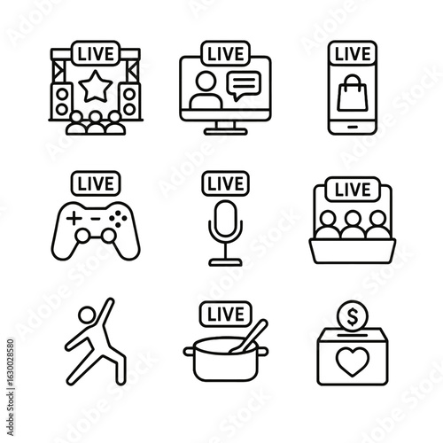Live Event Icon Set. Outline icon set of live stream event types: concert stage, webinar, product launch, gaming tournament,