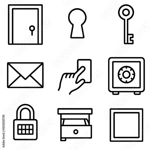 Locked Puzzle Icons. Outline icon set of locked room puzzles: locked door, keyhole, old key, sealed envelope, hidden switch, safe