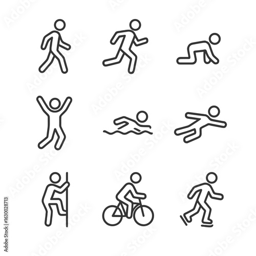 Locomotion Icon Grid. Outline icon set of locomotion types: walking, running, crawling, jumping, swimming, flying, climbing,