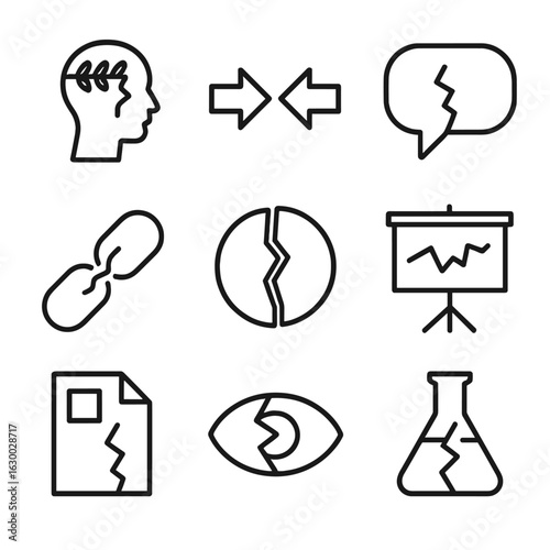 Logical Fallacy Icons. Outline icon set of crack in theory: logical fallacy, contradiction, broken argument, flaw in reasoning,