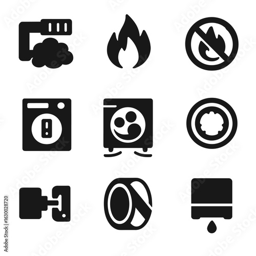 Dryer Issues Icons. Solid, filled icons set of common dryer issues: clogged vent, overheating icon, no heat