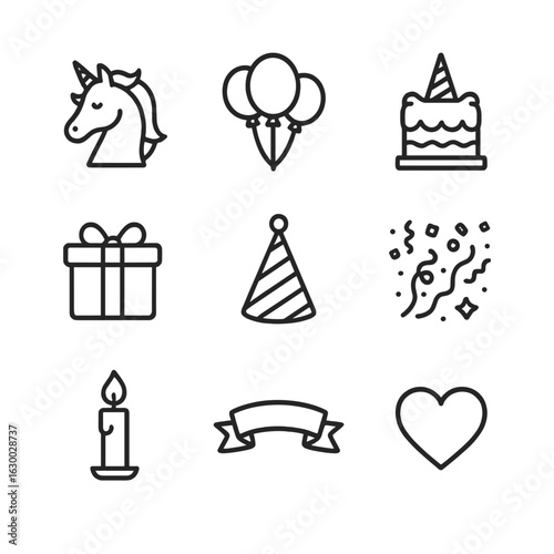Unicorn and Phoenix Icons. Outline icon set of unicorn celebrations: balloons, cake, gift box, party hat, confetti, candle, ribbon