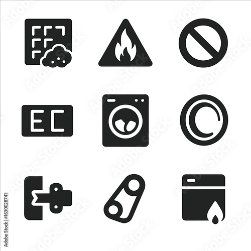 Dryer Issues Icons. Solid, filled icons set of common dryer issues: clogged vent, overheating icon, no heat