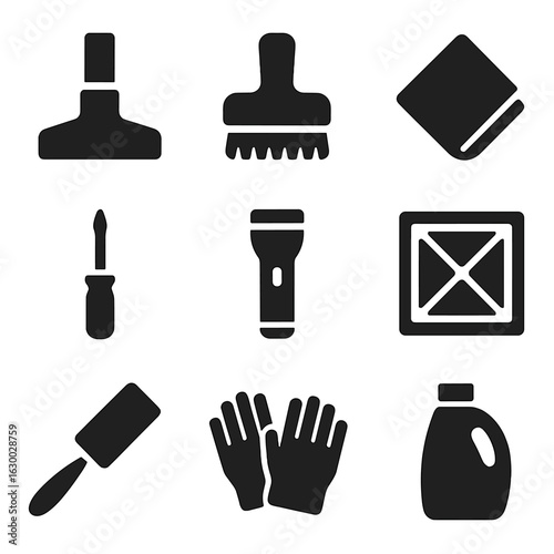 Dryer Maintenance Icons. Solid, filled icons set of dryer maintenance tools: vacuum nozzle, soft brush,