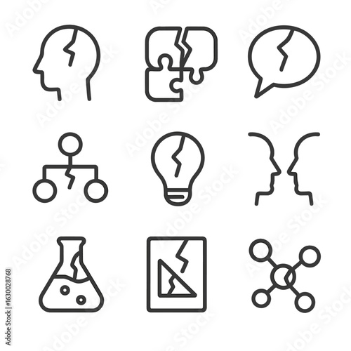 Logical Fallacy Icons. Outline icon set of crack in theory: logical fallacy, contradiction, broken argument, flaw in reasoning,