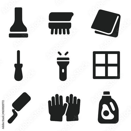 Dryer Maintenance Icons. Solid, filled icons set of dryer maintenance tools: vacuum nozzle, soft brush,