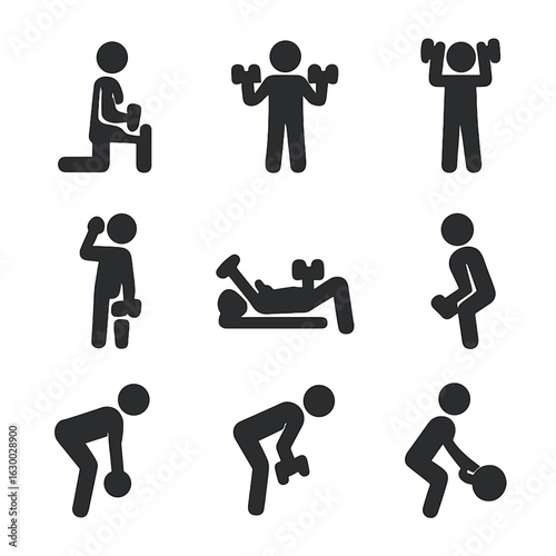 Dumbbell Exercise Icons. Solid, filled icons set of dumbbell exercises: lunges, bicep curls, shoulder press,
