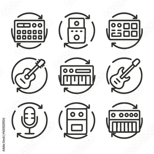 Loop Instruments Icon Set. Outline icon set of looped musical instruments: drum machine, looper pedal, sampler, synthesizer,