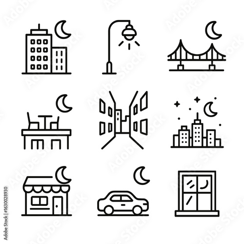 City Night Icons. Outline icon set of city night under moon: high-rise with moon, streetlight glow, bridge silhouette, rooftop