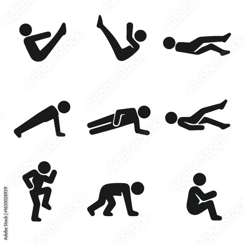 Dynamic Ab Exercise Icons. Solid, filled icons set of dynamic ab exercises: V-up position, toe touch crunch,