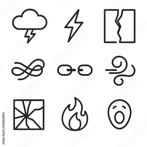 Dark Storm Icons. Outline icon set of dark storm: black cloud, thunderbolt, torn paper, twisted wire, broken chain, swirling wind,
