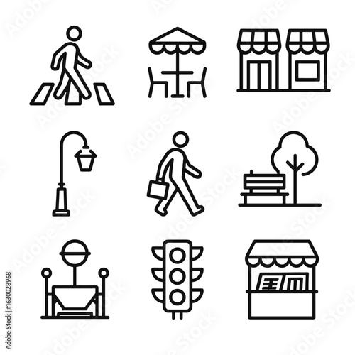Urban Walk Icon Set. Outline icon set of city walking: crosswalk, sidewalk café, shopfronts, street lamp, walking with bag, urban