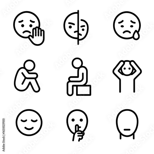 Darkness Emotion Icons. Outline icon set of darkness emotions: fear, mystery, sadness, solitude, despair, calm, secrecy, anxiety,