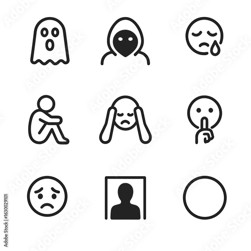 Darkness Emotion Icons. Outline icon set of darkness emotions: fear, mystery, sadness, solitude, despair, calm, secrecy, anxiety,