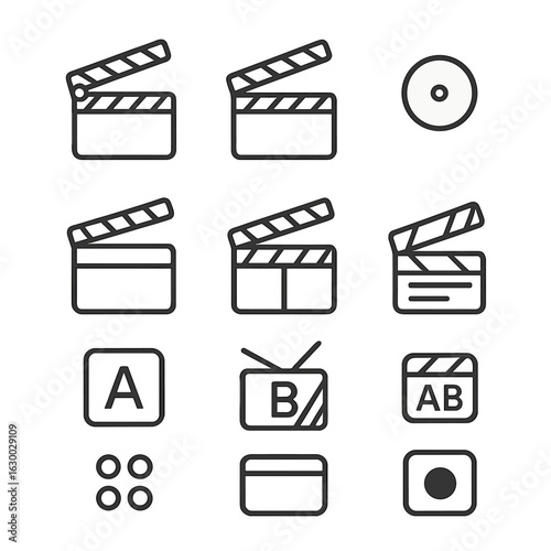 Clapboard Icon Set. Outline icon set of clapboard mechanics: hinged slate, clapper sticks, hinge pivot, slate board, scene number