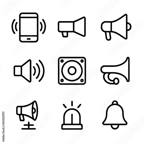 Loud Objects Icons. Outline icon set of loud objects: vibrating phone, loudspeaker, megaphone, sound waves, subwoofer, horn, PA