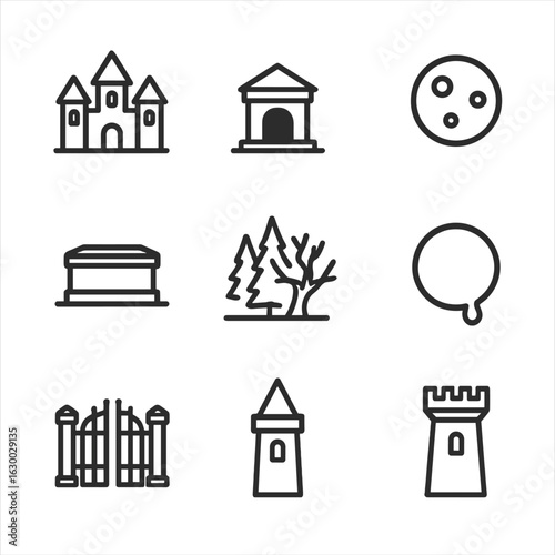 Vampire Icon Collection. Outline icon set of vampire settings and places: haunted mansion, crypt entrance, full moon, graveyard