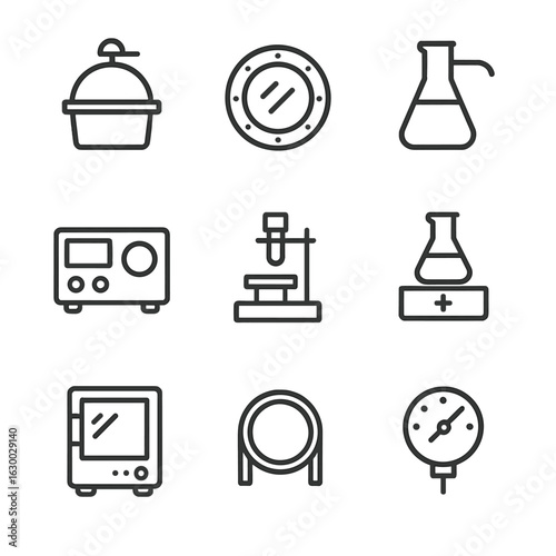 Vacuum Lab Icon Set. Outline icon set of vacuum lab equipment: vacuum desiccator, chamber viewport, vacuum flask, control panel,