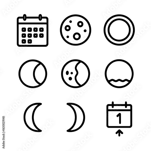 Lunar Calendar Icons. Outline icon set of lunar calendar symbols: calendar grid, harvest moon, blue moon, supermoon, blood moon,