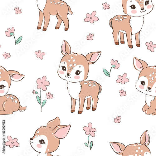 Hand drawn seamless pattern with baby deer and flowers vector, cute woodland animals