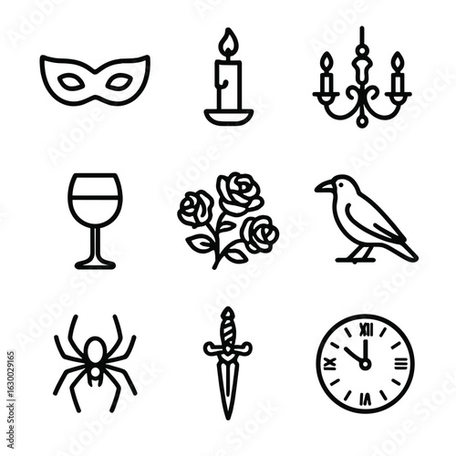 Vampire Festival Icons. Outline icon set of vampire festivals: masquerade mask, candlelight, gothic chandelier, wine glass, dark