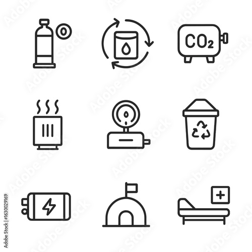 Lunar Life Support Icons. Outline icon set of lunar life support systems: oxygen generator, water recycler, CO₂ scrubber, thermal