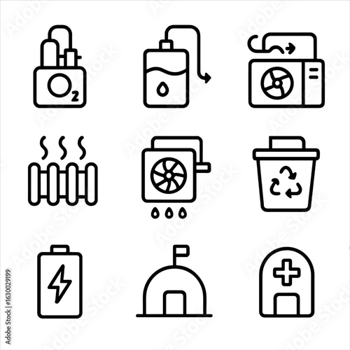 Lunar Life Support Icons. Outline icon set of lunar life support systems: oxygen generator, water recycler, CO₂ scrubber, thermal