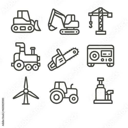 Machinery Outline Icons. Outline icon set of raw power in machinery: bulldozer, excavator, crane, steam engine, chainsaw,
