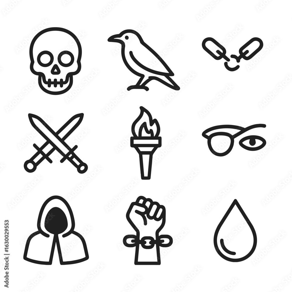 Villain Symbol Icons. Outline icon set of villain symbolism: skull, black crow, broken chain, dagger crossed with sword, burning Villain Symbol Icons. Outline icon set of villain symbolism: skull, black crow, broken chain, dagger crossed with sword, burning
