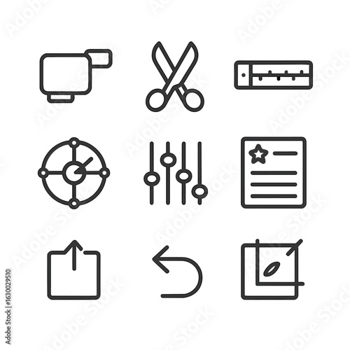 Video Editing Icons. Outline icon set of camcorder video editing: scissors tool, timeline, color correction, audio mixing, effects