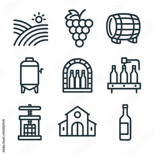 Vineyard Icon Set. Outline icon set of vineyard and wine production: vineyard hills, grape cluster, wine barrel, fermentation tank