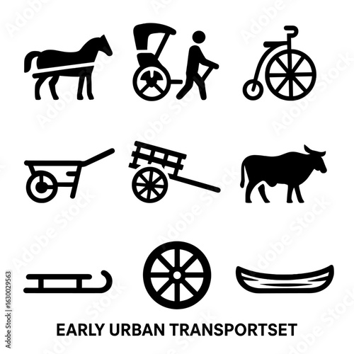 Early Urban Transport Icons. Solid, filled icons set of early urban transport: horse carriage, rickshaw, penny