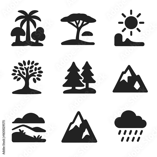 Earth Climate Icons. Solid, filled icons set of Earth’s climate zones: tropical rainforest, savanna tree,
