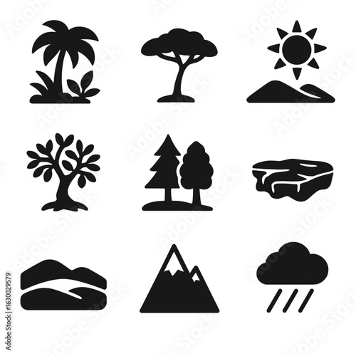 Earth Climate Icons. Solid, filled icons set of Earth’s climate zones: tropical rainforest, savanna tree,
