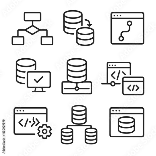 Database Design Icons. Outline icon set of database design and development: ER diagram, schema migration, version control, test
