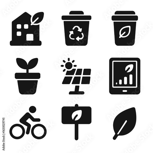 Eco Activism Icon Set. Solid, filled icons set of eco-activism at work: green office icon, recycling bin,