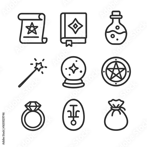 Magical Tools Icon Set. Outline icon set of magical tools and talismans: spell scroll, grimoire, potion vial, magic wand, crystal