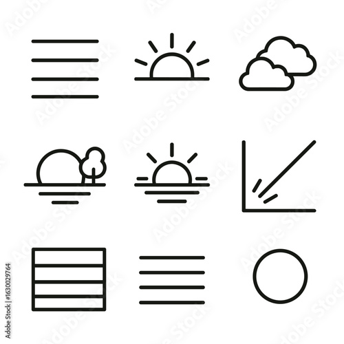 Dawn Icon Set. Outline icon set of dawn colors and light: gradient sky bands outline, soft ray beams, pastel cloud edges,