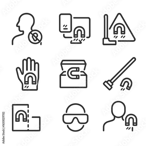 Magnet Safety Icons. Outline icon set of magnet safety and handling: no pacemaker icon, keep away from electronics, magnetic