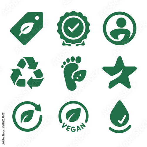 Eco Certification Icons. Solid, filled icons set of green certification and labels: eco label, organic