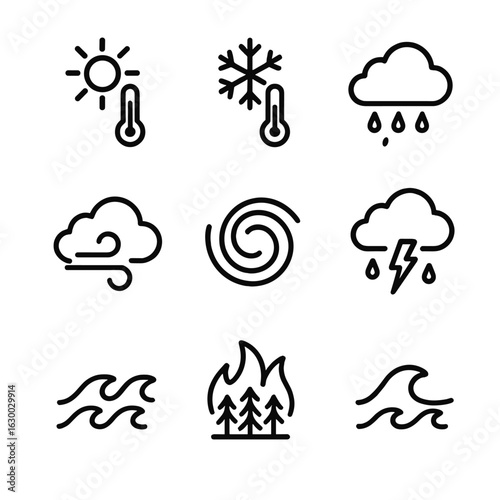 Climate Forces Icons. Outline icon set of climate forces: heatwave, cold snap, monsoon rain, desert wind, polar vortex, cyclone,