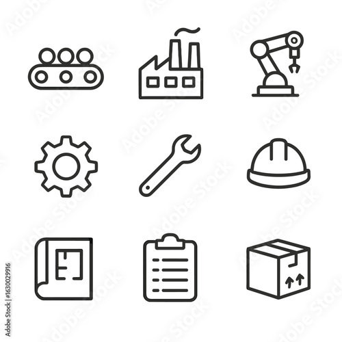 Manufacturing Icons Set. Outline icon set of manufacturing operations: conveyor belt, factory, robotic arm, gear, wrench, helmet,